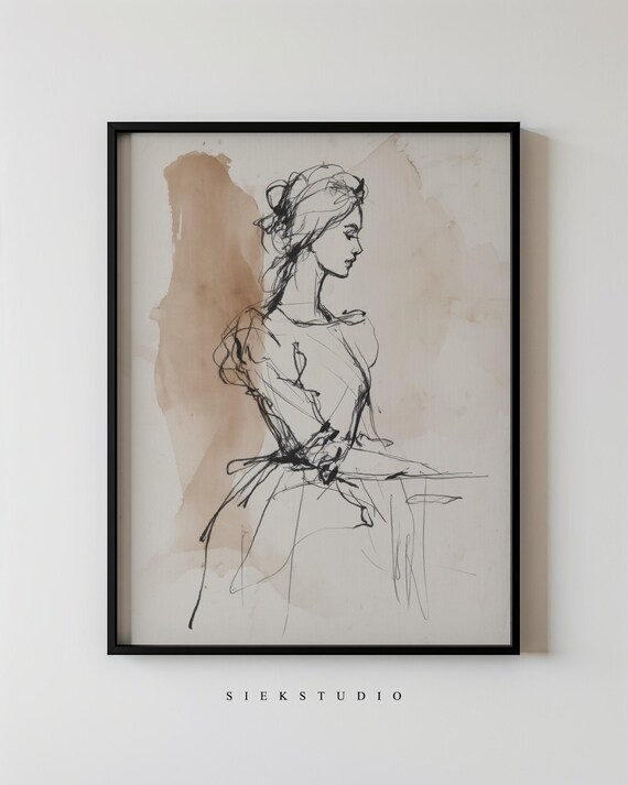 Elegant Woman Profile Line Sketch With Watercolor Wash Figure Poster