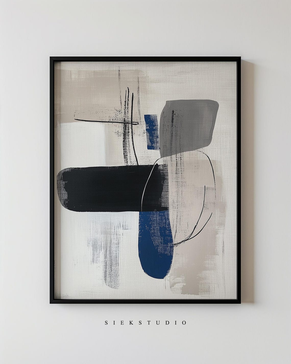 Neutral Abstract Brushstroke Shapes Black And Blue Modern Art Poster