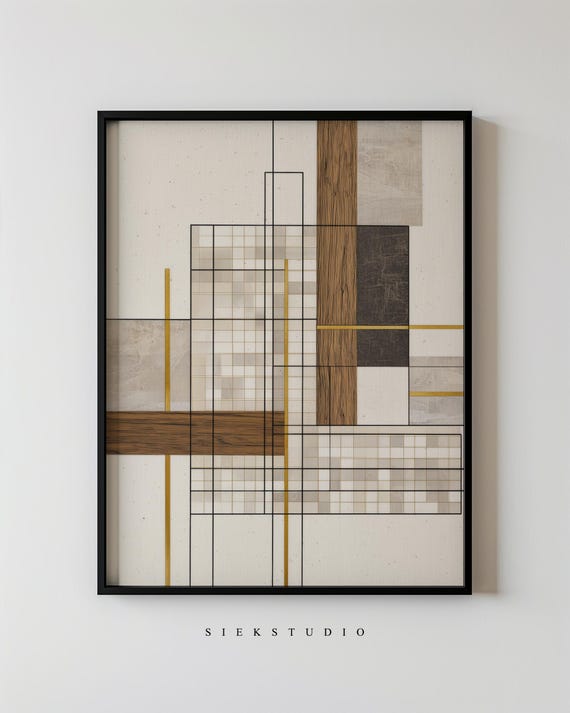 Modern Neutral Line And Grid Block Wall Art Print