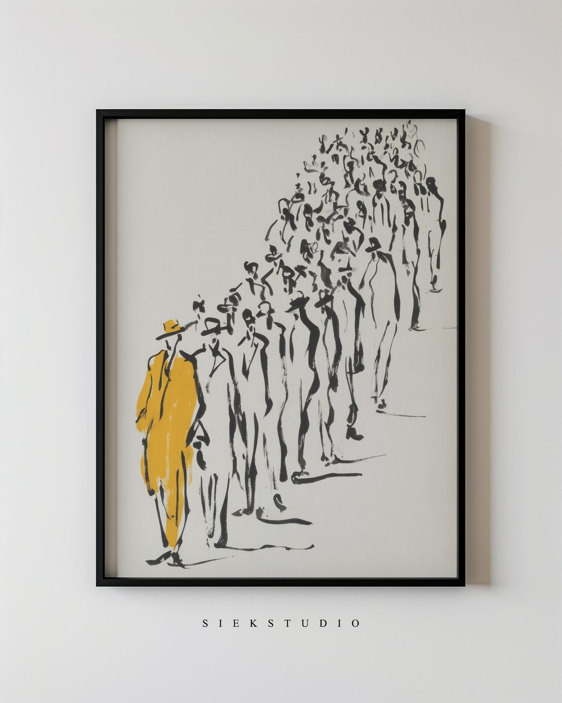 Abstract Figurative Minimalist Black And Yellow Crowd People Drawing Sketch Wall Art Modern Home Contemporary Illustration 174