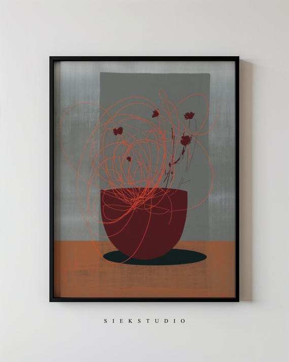 Modern Abstract Botanical Minimalist Contemporary Plant Flower Drawing Neutral Orange Scribble Wall Art For Living Room Decor 192