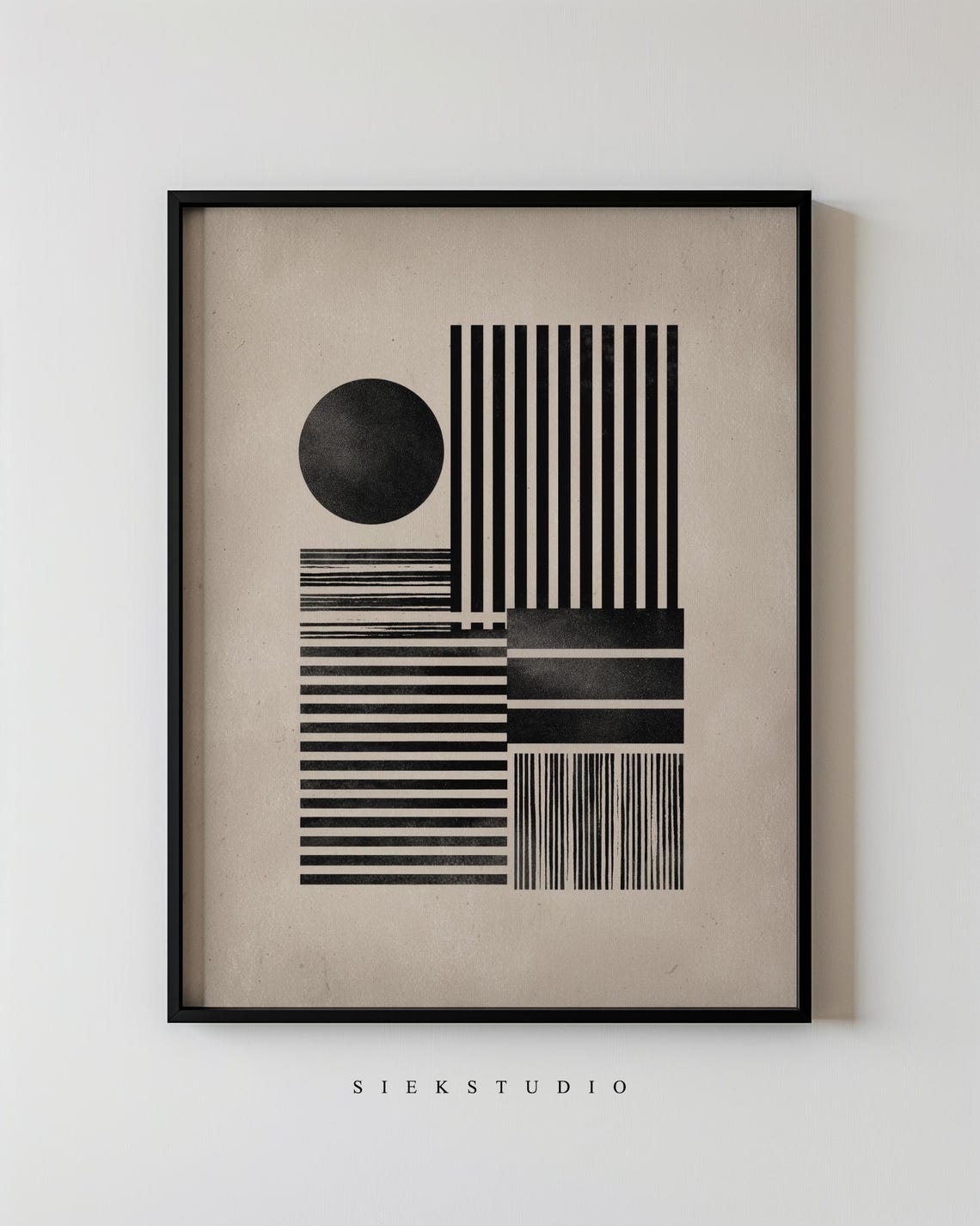 Geometric Stripes Circle Abstract Beige Black Bauhaus Art Poster