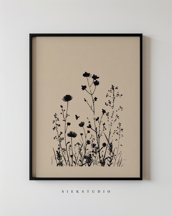Black Wildflower Silhouette Stems Beige Botanical Minimalist Wall Art