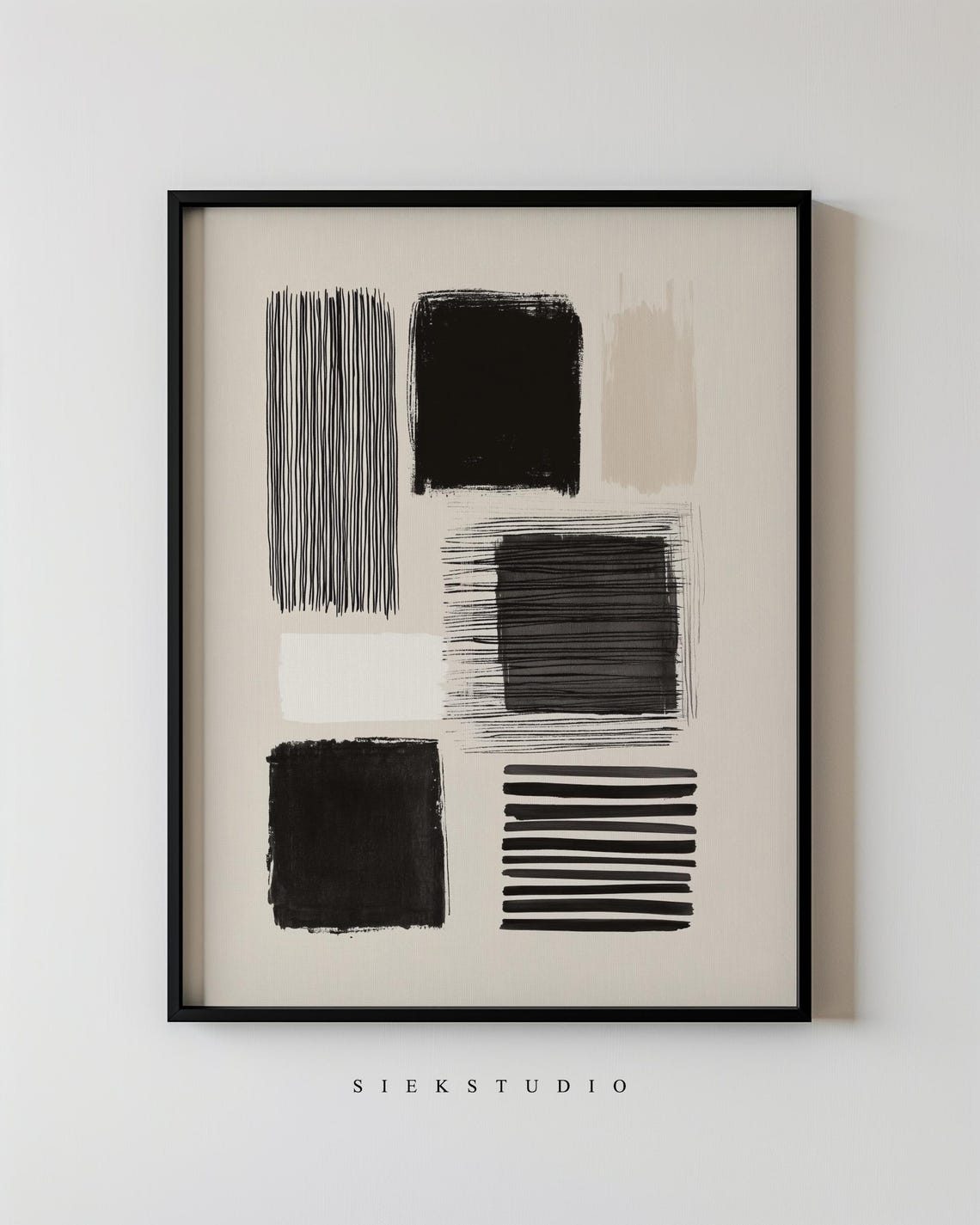 Abstract Minimalist Black And Beige Brushstroke Blocks Art Poster