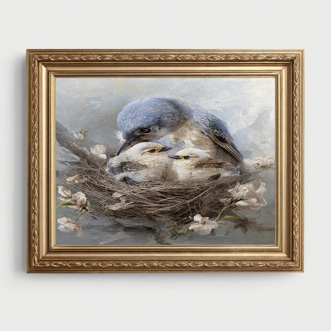 Mother Bluebird With Chicks in Blossom Nest Oil Painting Wall Art