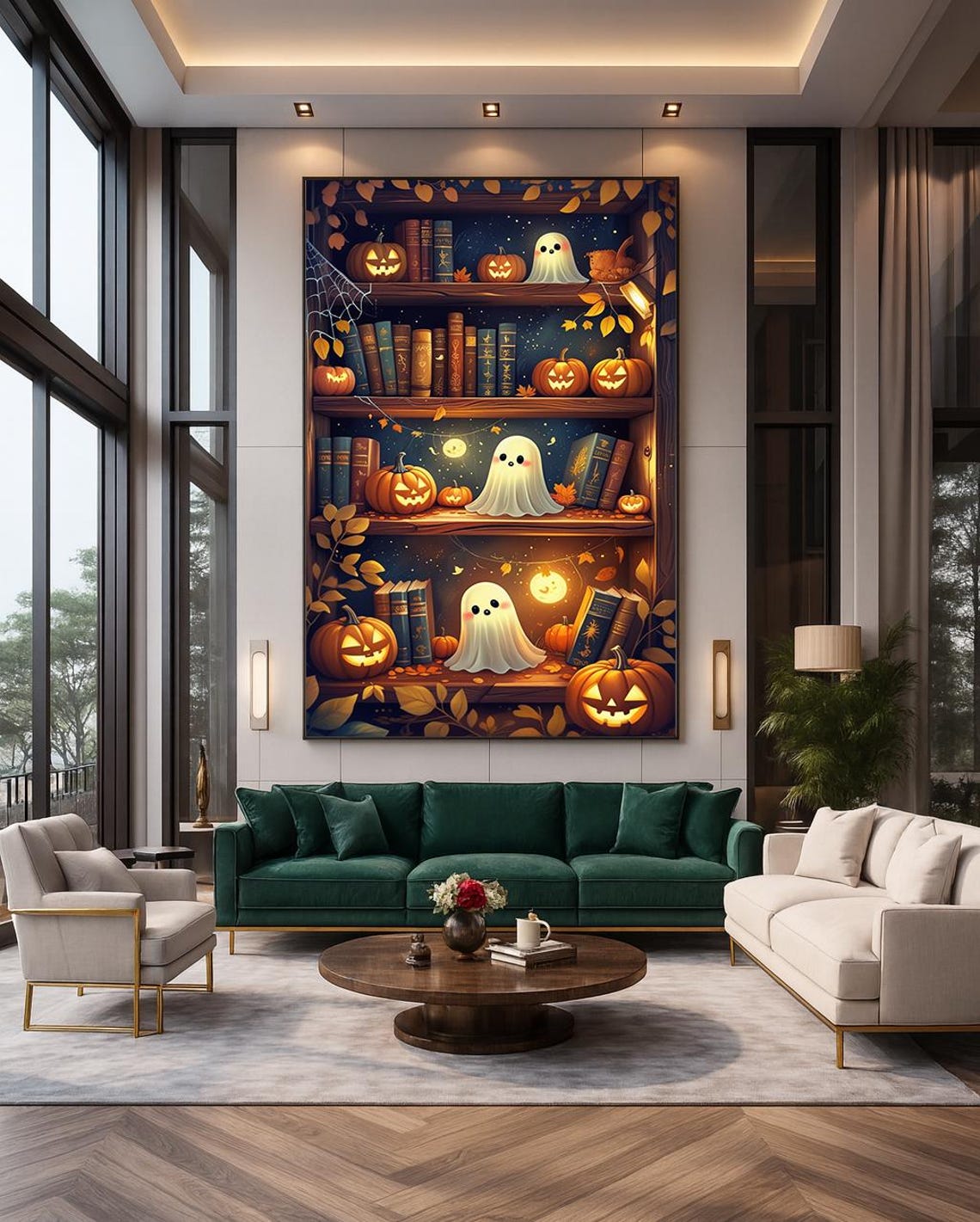 Halloween Ghosts Pumpkins Bookshelf Art Cozy Spooky Wall Decor