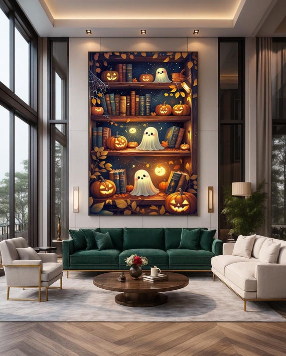 Halloween Ghosts Pumpkins Bookshelf Art Cozy Spooky Wall Decor