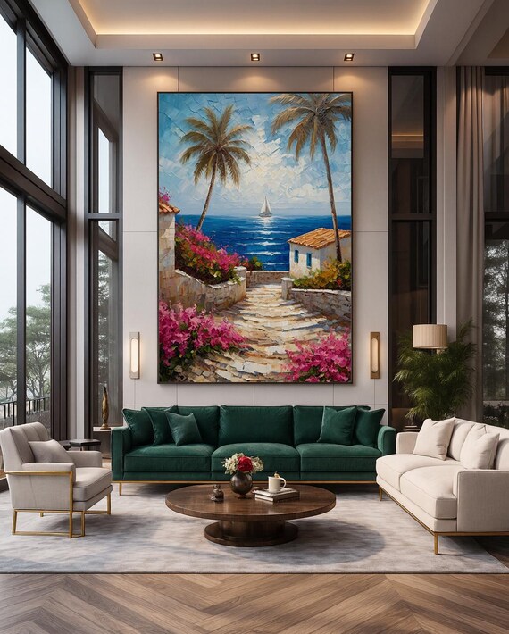 Mediterranean Coastal Pathway Bougainvillea Palm Sailboat Impasto Print