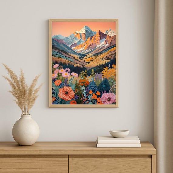 Colorful Mountain Landscape Wall Art Snowcapped Peaks Wildflowers At Sunset