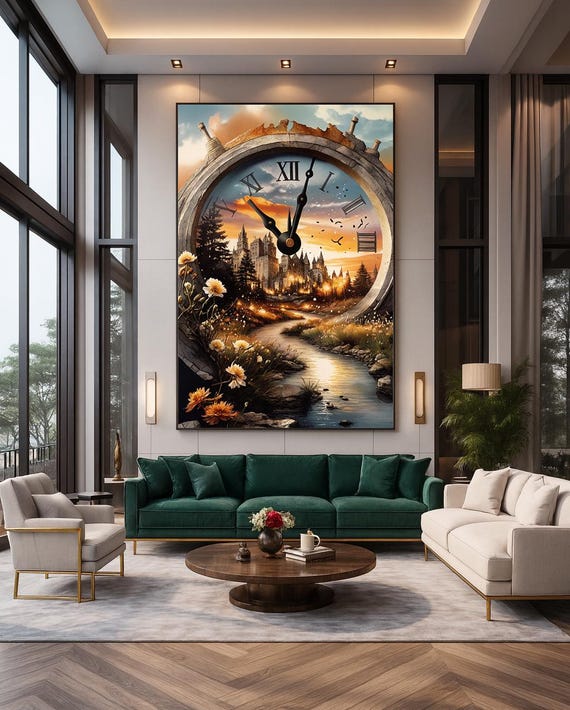 Fantasy Castle Clock Print Surreal Sunset With River Wildflowers Magical Wall Art