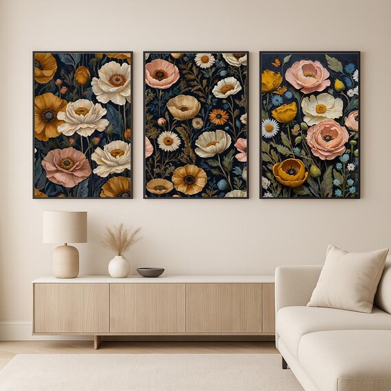 Set Of 3 Vintage Botanical Floral Prints Poppy Daisy Dark Navy Print