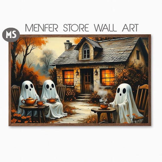 Cozy Tea Party At Cottage Whimsical Halloween Wall Art