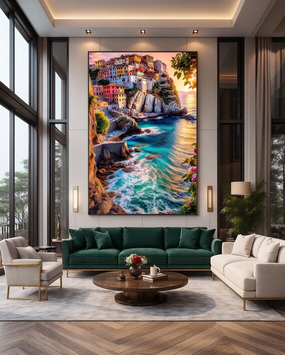 Colorful Cliffside Coastal Village Sunset Ocean Vintage Style Poster