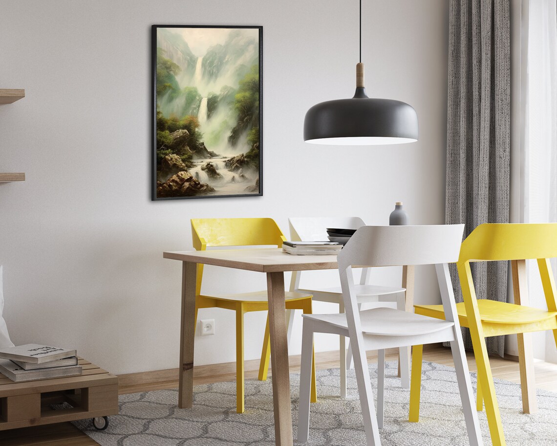 Tall Waterfall in a Lush Green Misty Valley Oil Painting Poster - Image 2