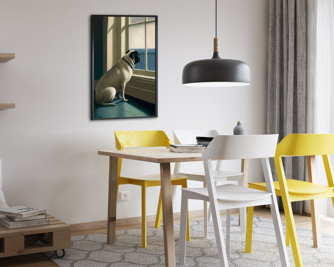 Pug Dog From Behind Gazing Out Window At Water Oil Painting Poster - Image 2