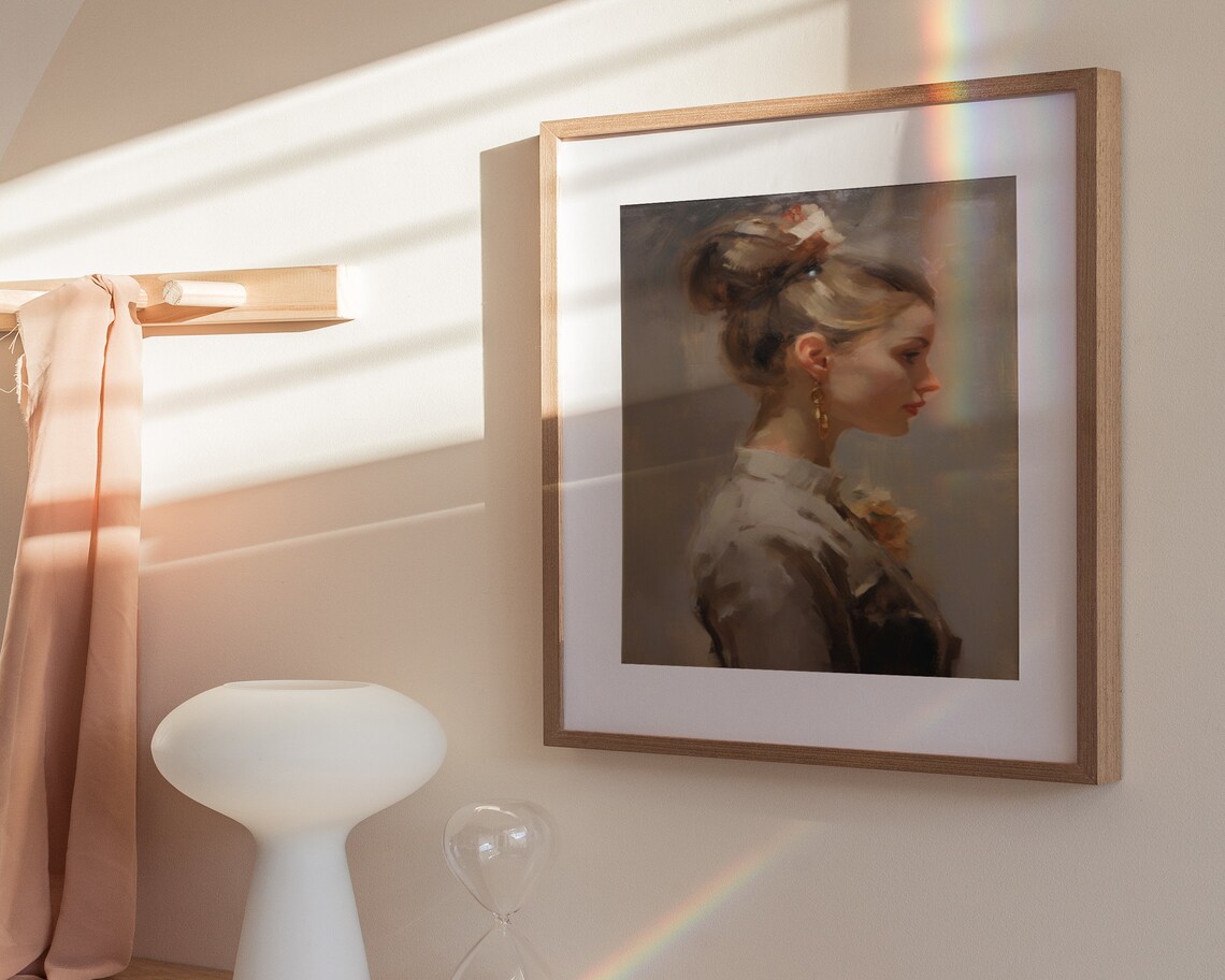 Vintage Woman Portrait Gold Earring Soft Oil Painting Art Poster - Image 3