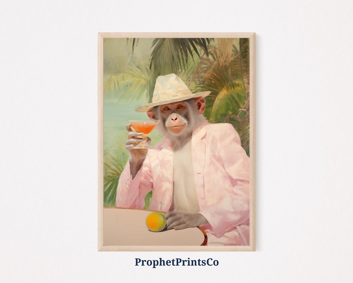 Monkey Cocktail Print Monkey Gentleman Print Retro Wall Art Cute Preppy Apartment Wall Art Wall Art