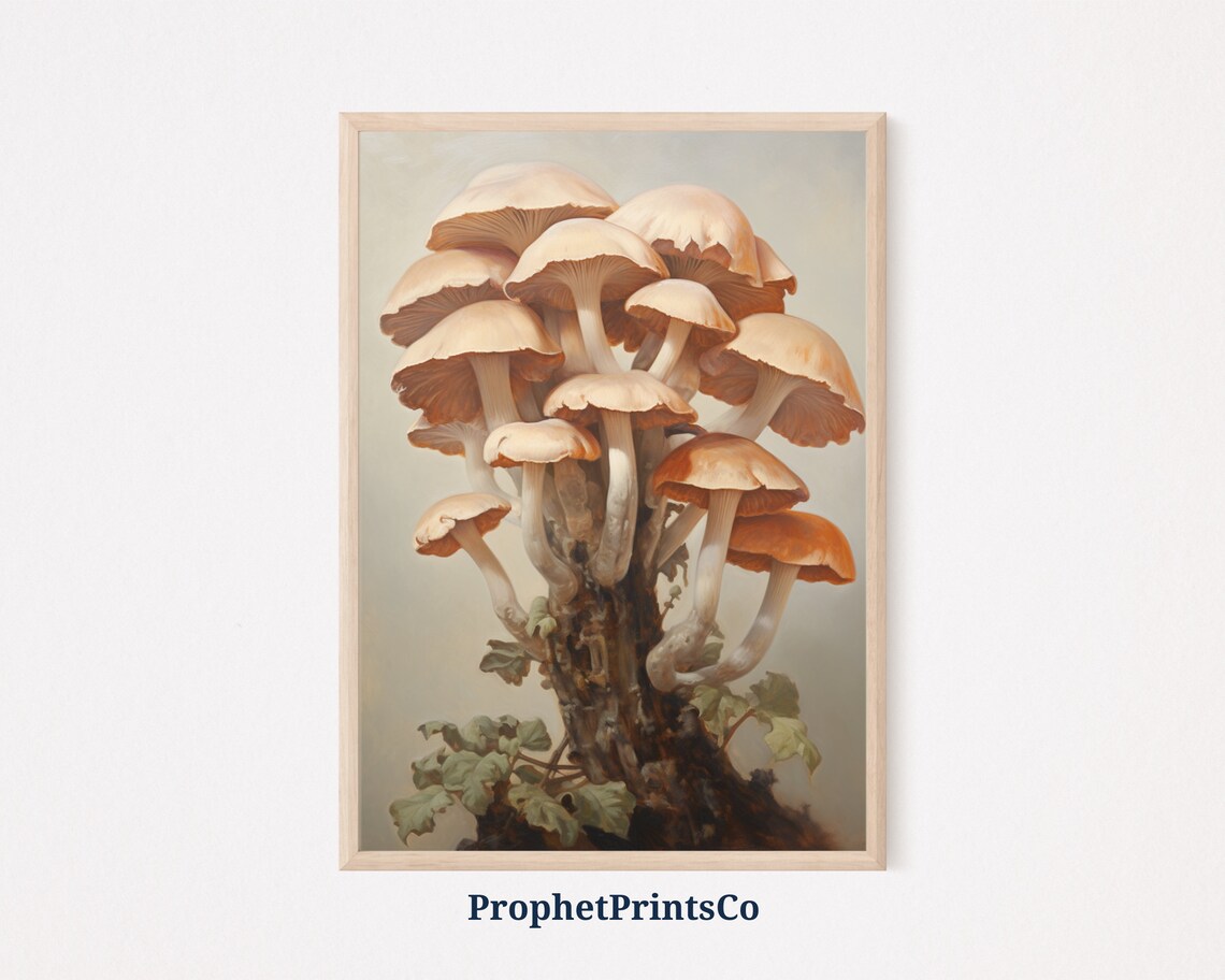 Cluster of Cream Mushrooms on Tree Stump Vintage Botanical Painting Poster