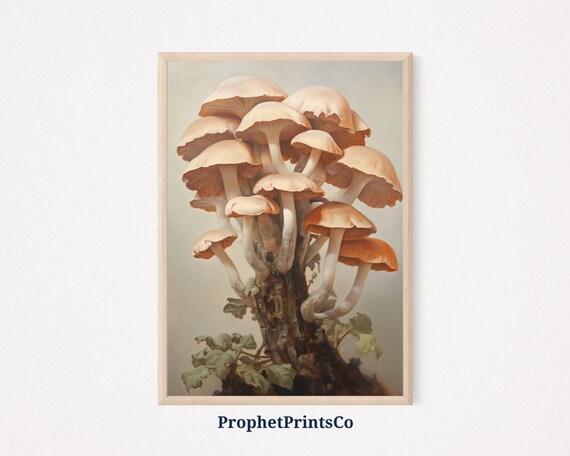 Cluster of Cream Mushrooms on Tree Stump Vintage Botanical Painting Poster