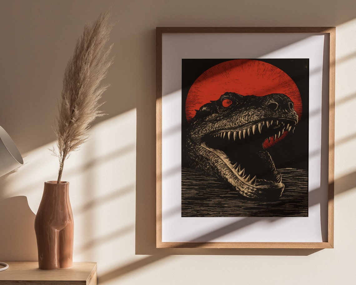 Crocodile Profile Emerging Water Red Sun Woodblock Art Poster - Image 4