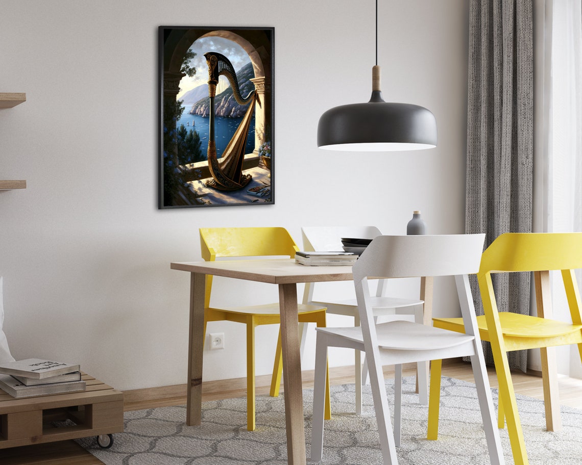 Golden Harp on Stone Terrace Overlooking Coastal Bay View Art Poster - Image 2