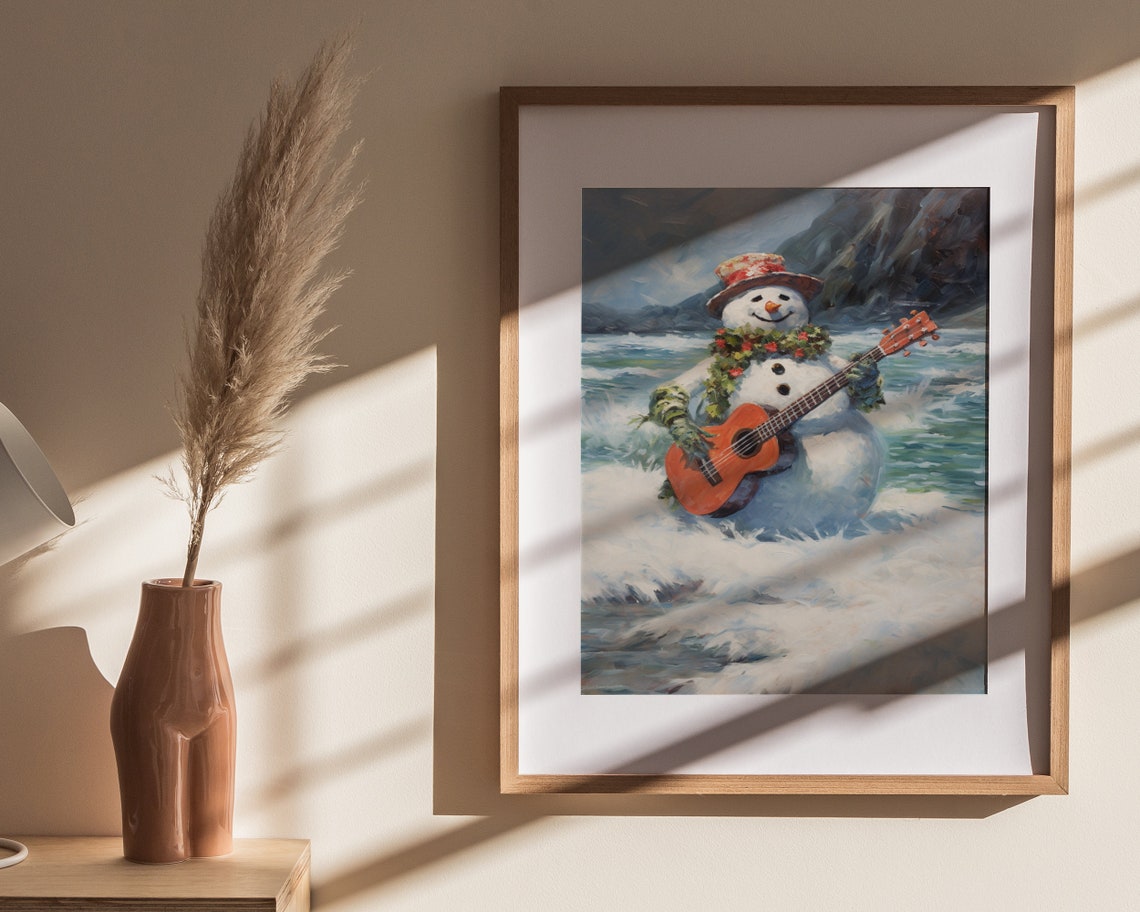 Snowman Playing Guitar Ocean Surf Waves Holiday Fun Christmas Poster - Image 4