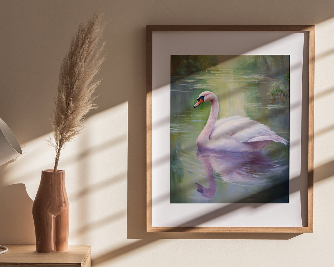 White Swan Green Pond Soft Pastel Classical Oil Painting Poster - Image 4
