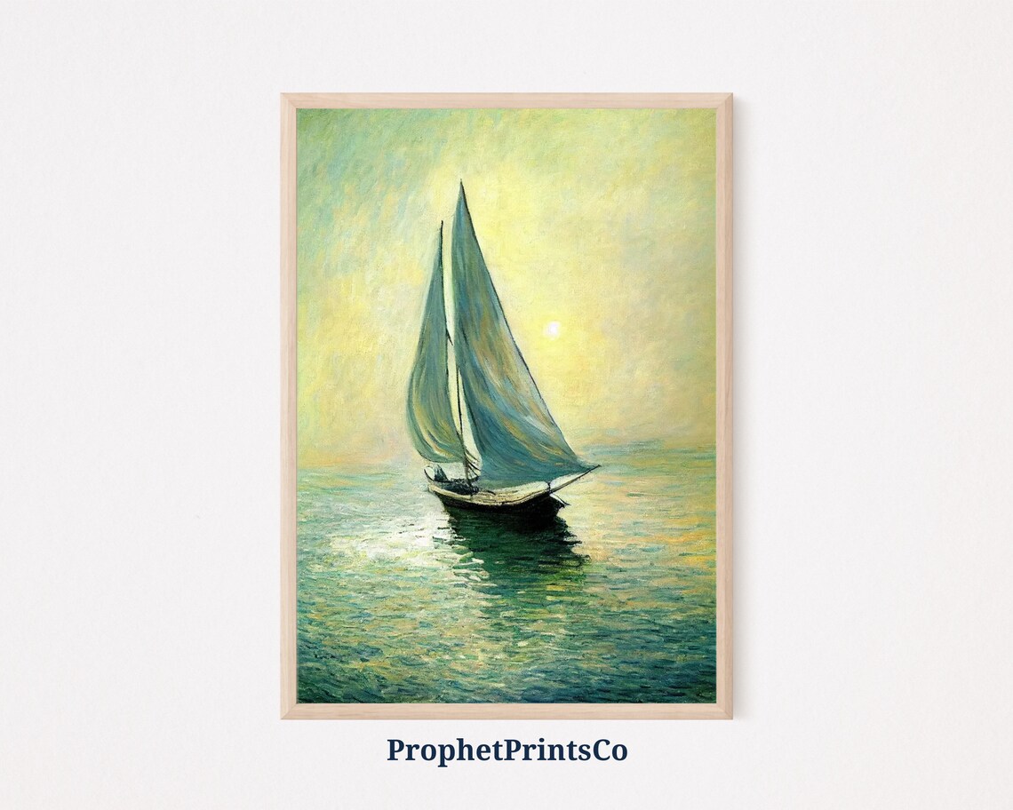 Sunrise Sailboat on Calm Sea in Soft Mint Green Golden Light Poster