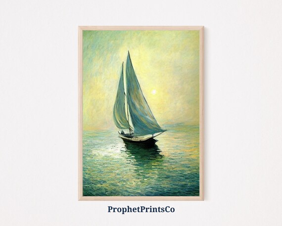Sunrise Sailboat on Calm Sea in Soft Mint Green Golden Light Poster