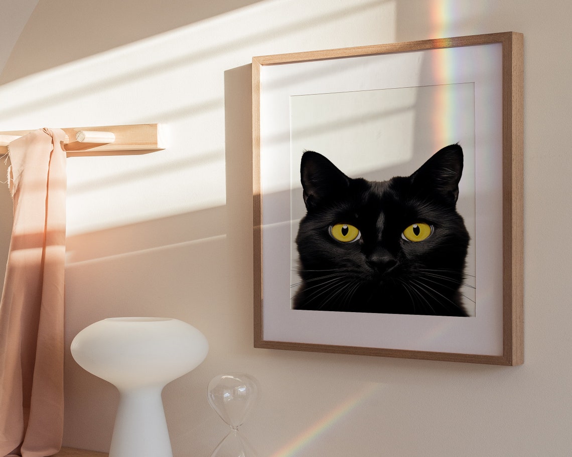 Black Cat With Yellow Eyes Staring Minimalist Cream Background Poster - Image 3