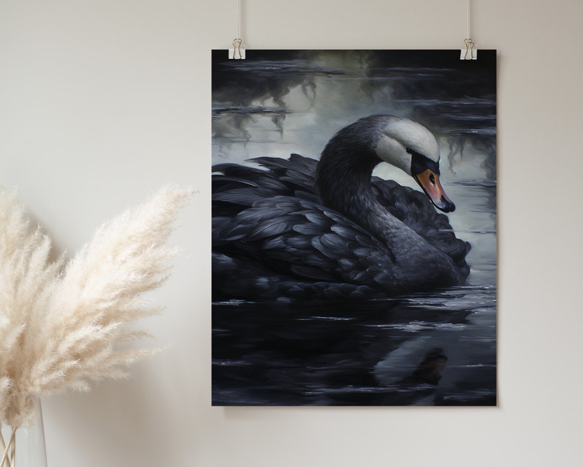 Elegant Black Swan Preening on Misty Dark Water Painting Poster - Image 2