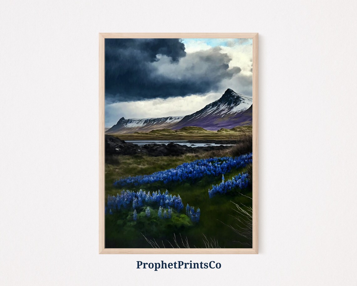 Stormy Sky Over Snowy Peaks and Blue Lupine Flower Meadow Poster
