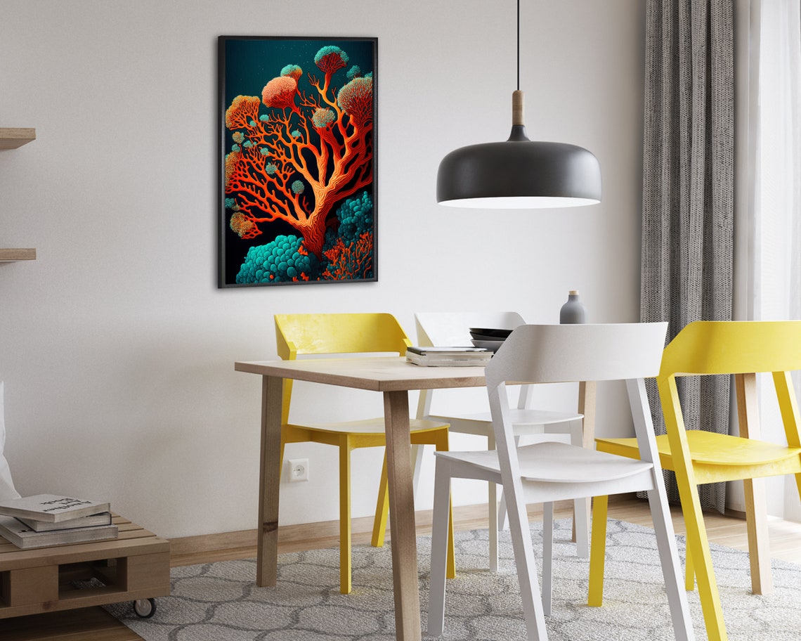 Fiery Orange Tree Coral with Teal Reefs Dark Underwater Poster - Image 2
