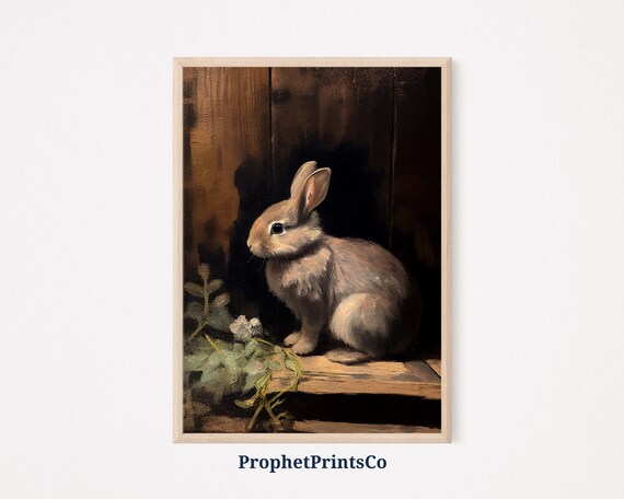Small Grey Bunny Sitting in a Dark Wooden Shed Oil Painting Poster