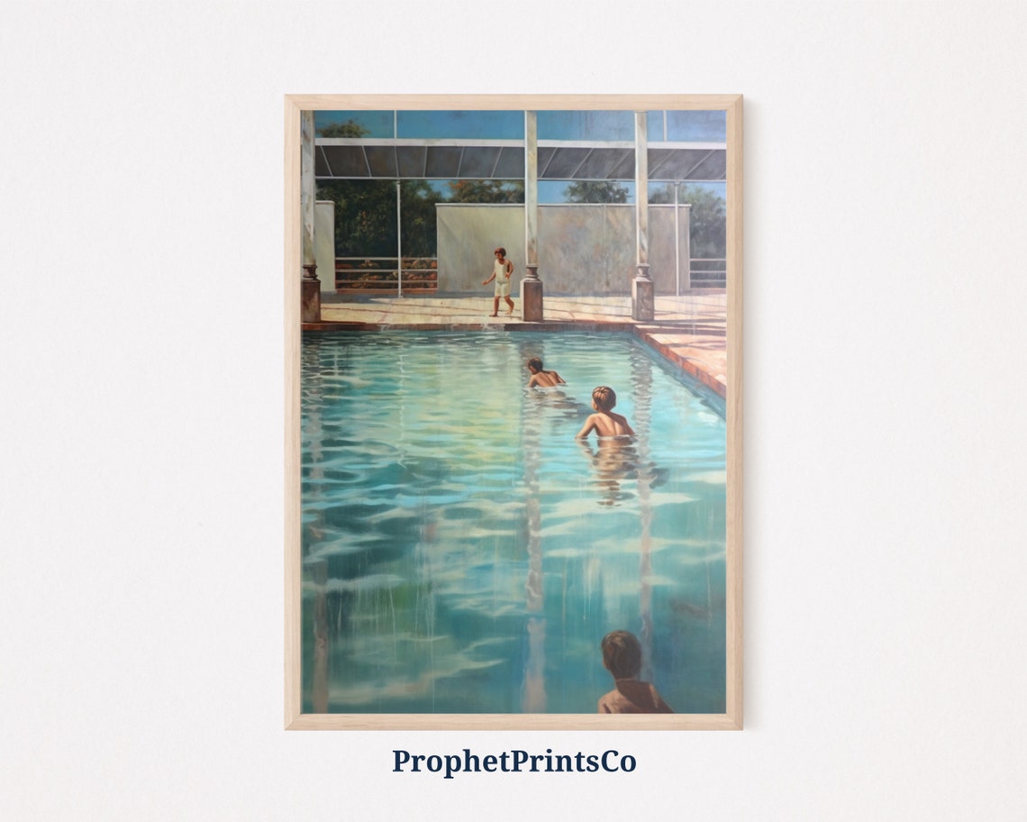 Boys Swimming Grand Pool Vintage Summer Nostalgic Painting Poster