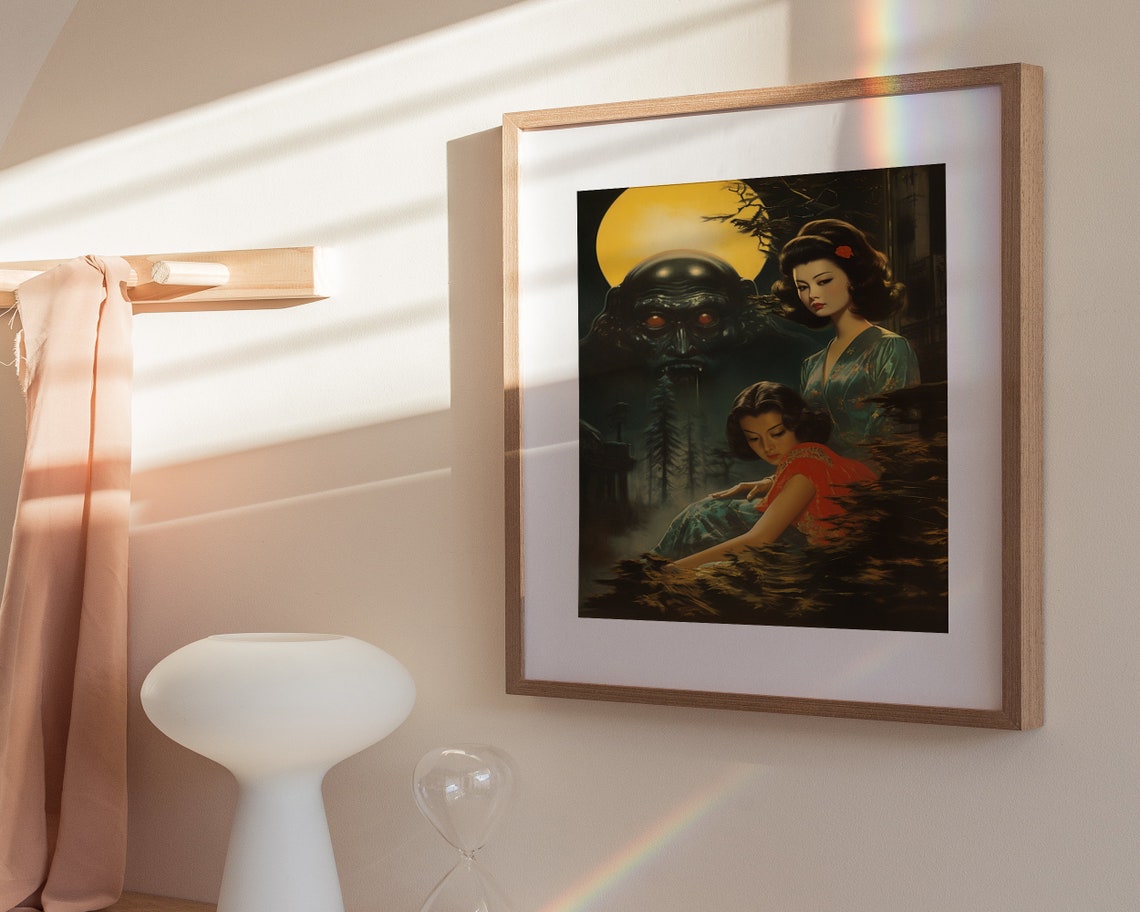 Vintage Japanese Horror Two Women Moon Giant Shadow Monster Poster - Image 3