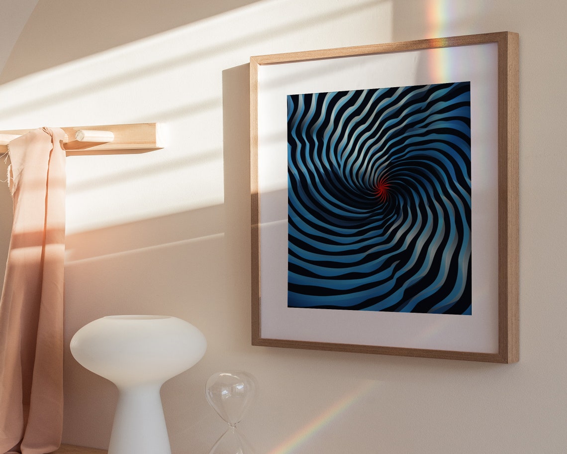 Blue Swirl Optical Illusion Vortex With Red Center Op Art Poster - Image 3