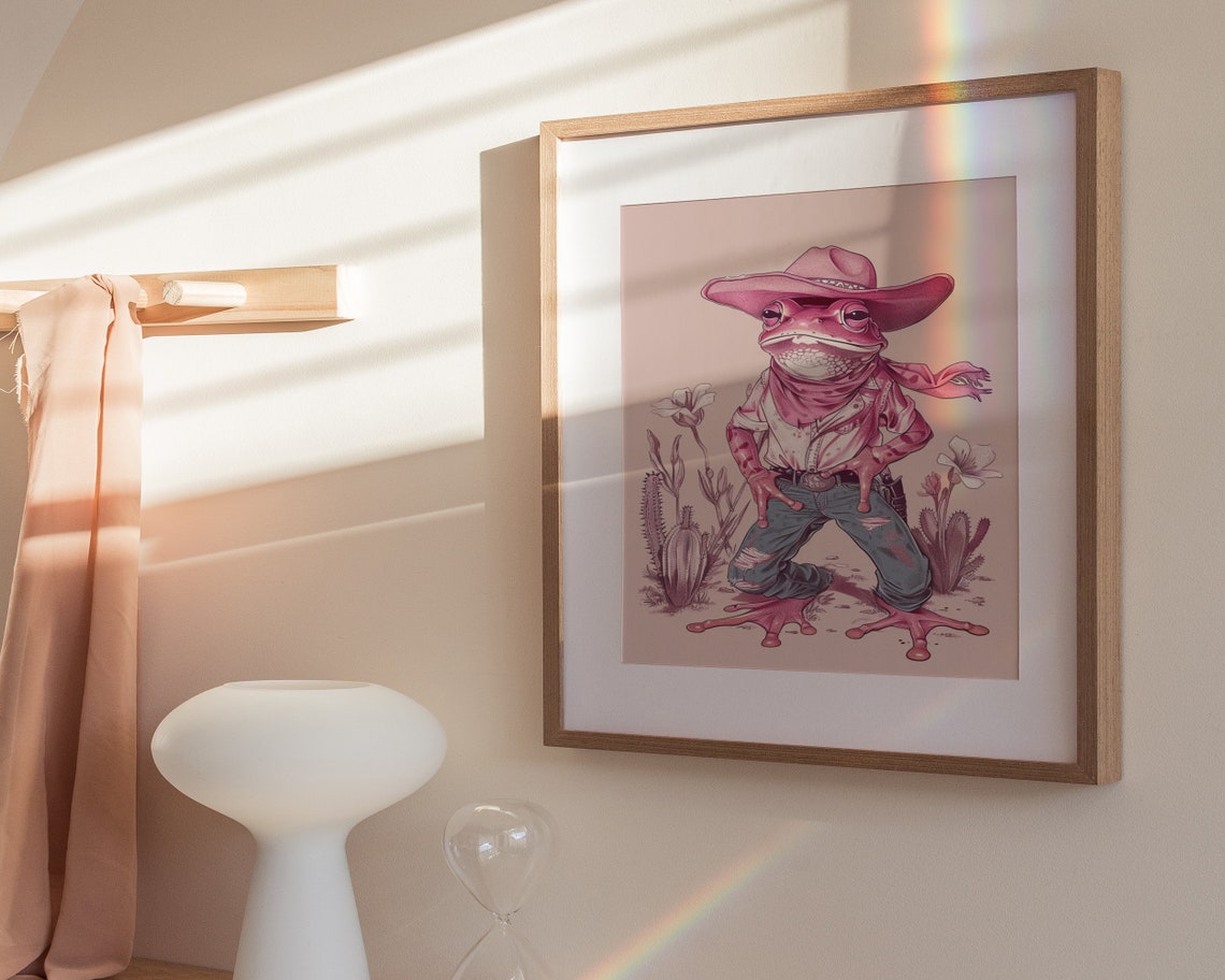 Pink Cowboy Frog Ripped Jeans Cactus Desert Scene Western Art Poster - Image 3