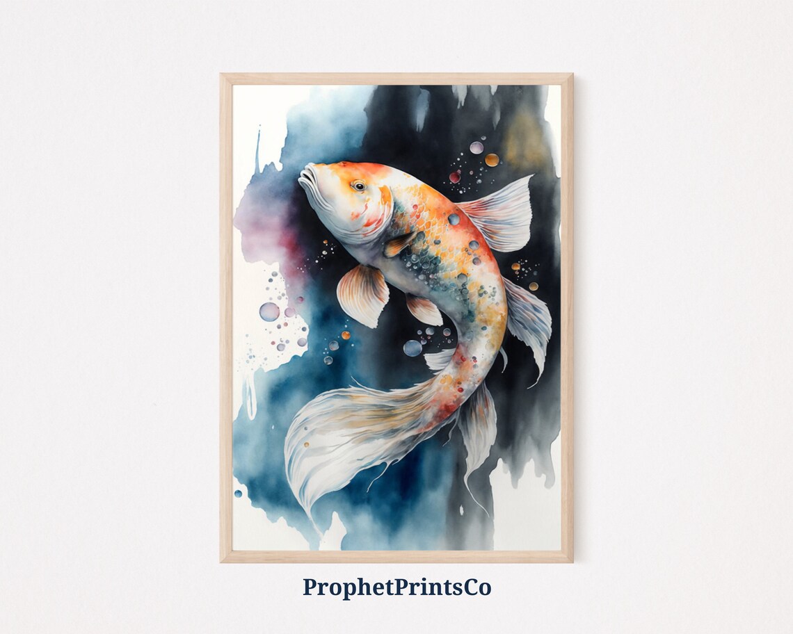 Koi Fish Watercolor Flowing White Fins Dark Ink Wash Art Poster