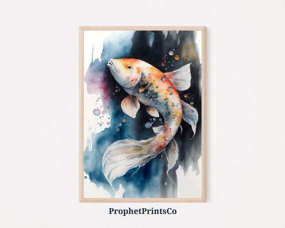 Koi Fish Watercolor Flowing White Fins Dark Ink Wash Art Poster