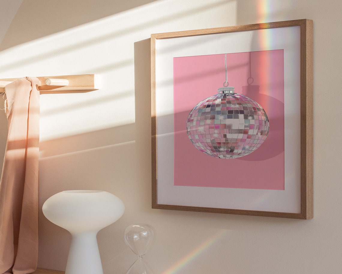 Hanging Disco Ball Shadow Illustration Pink Glam Party Decor Poster - Image 3