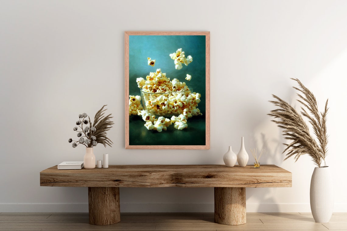 Buttered Popcorn Bowl Movie Night Kitchen Oil Painting Style Poster - Image 2