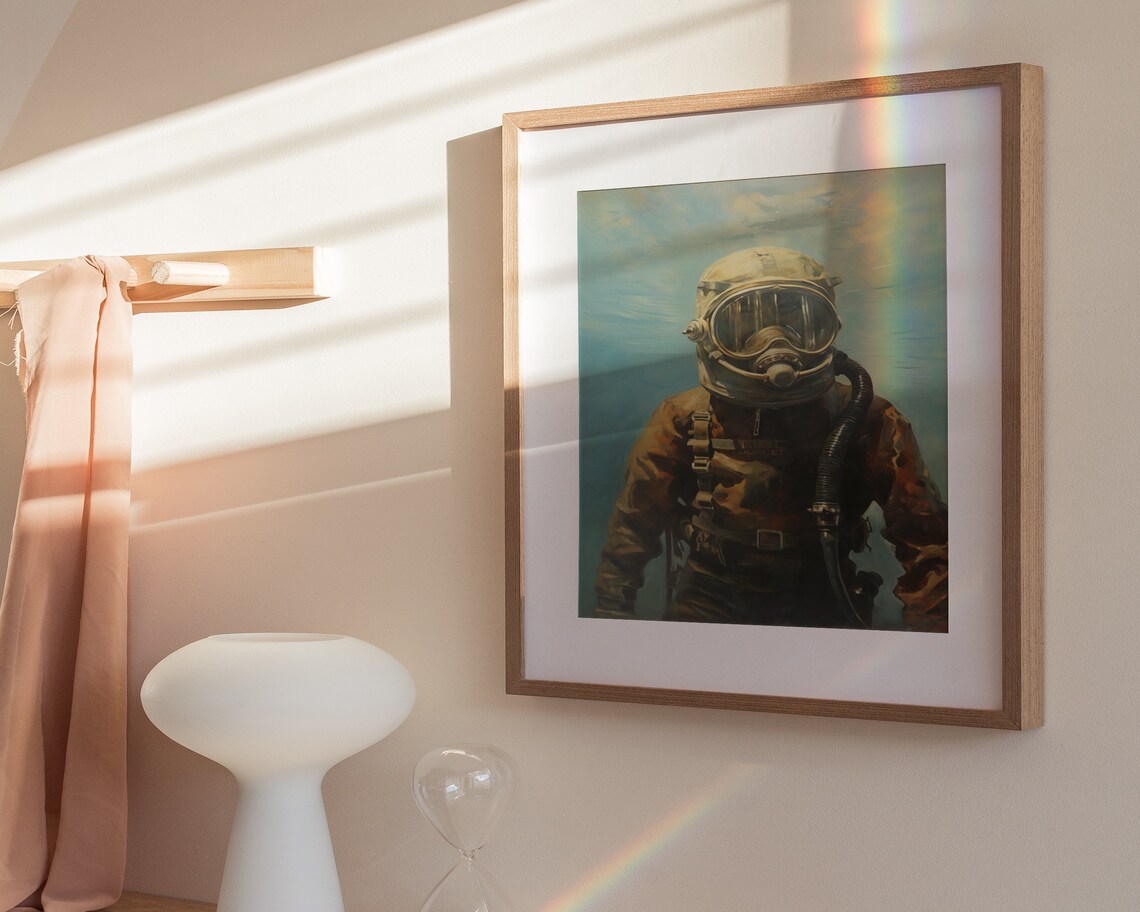 Vintage Scuba Diver Helmet Portrait Underwater Painting Poster - Image 3