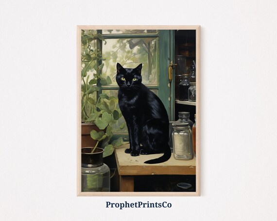 Black Cat By Window With Plants Painterly Vintage Cat Art Poster