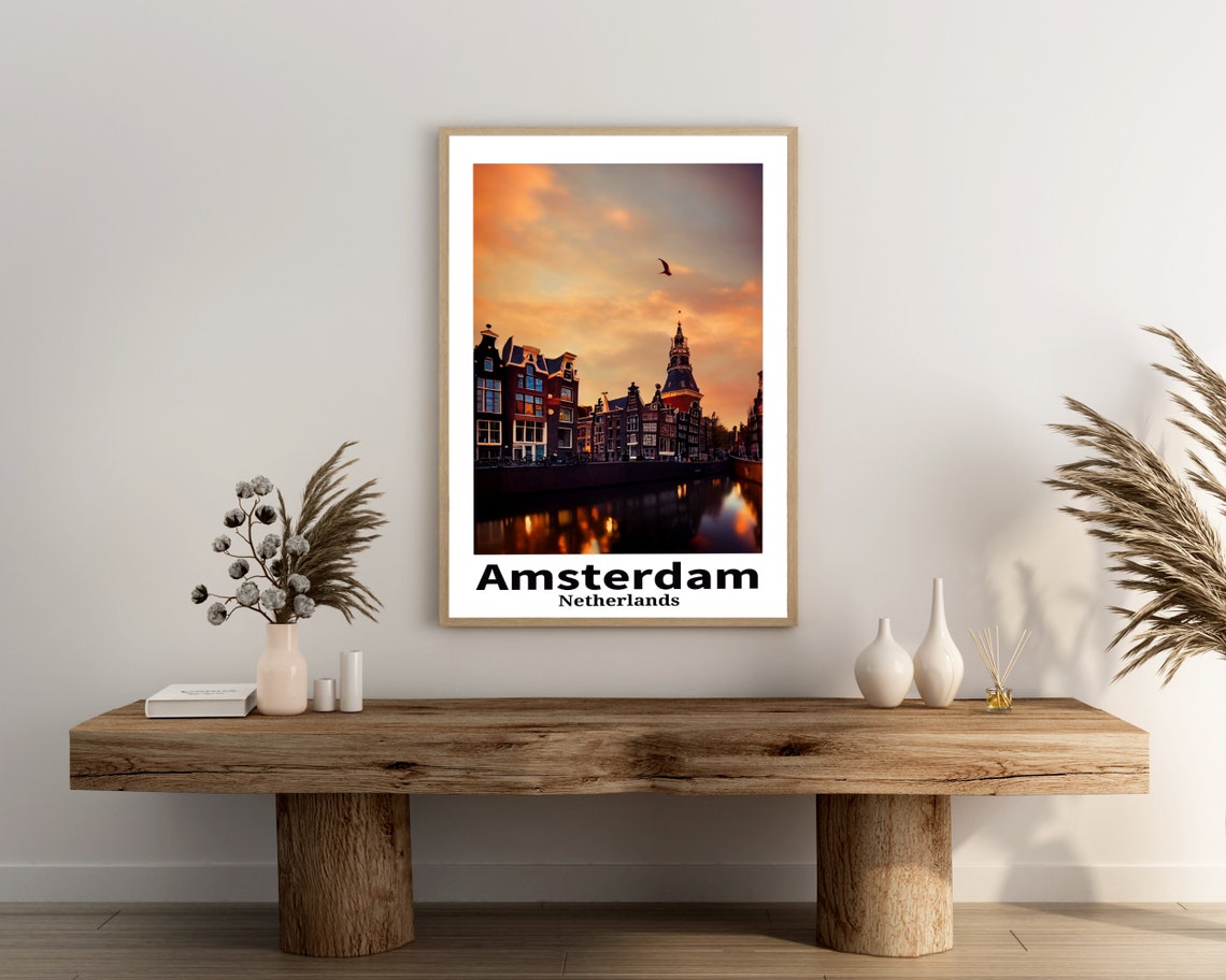 Amsterdam Canal at Sunset Historic Tower Bird Netherlands Art Poster - Image 3