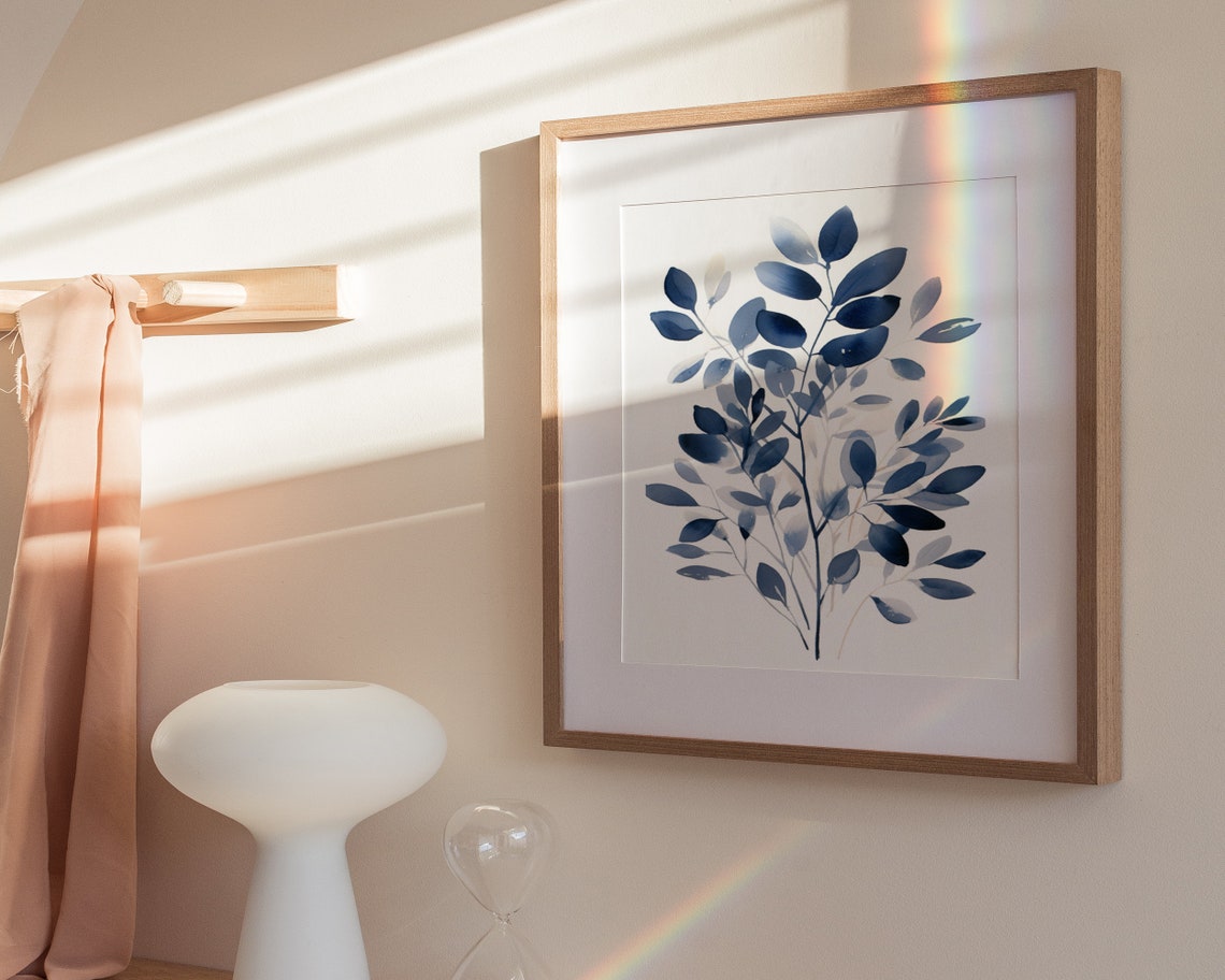 Blue Watercolor Leafy Branches Minimalist Botanical Decor Poster - Image 3