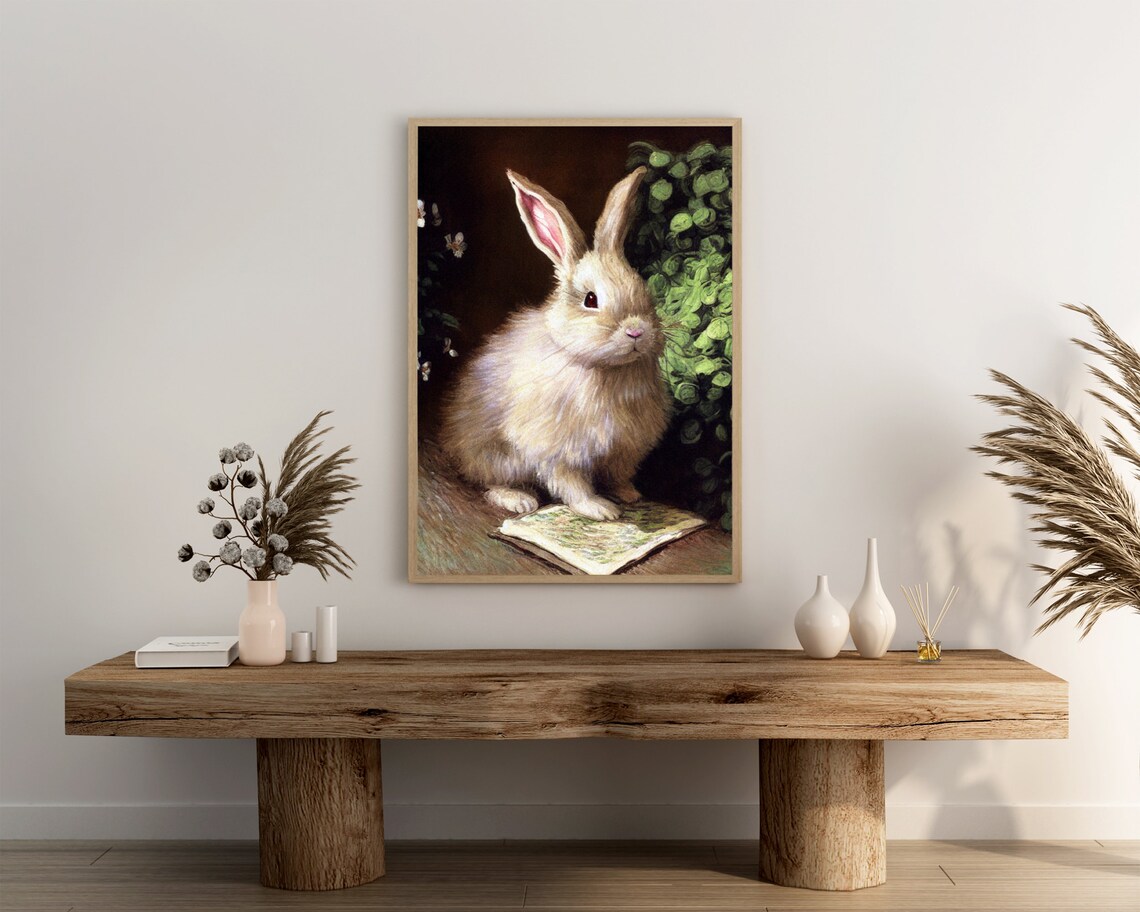 Fluffy White Bunny Sitting on a Book Vintage Oil Painting Poster - Image 3