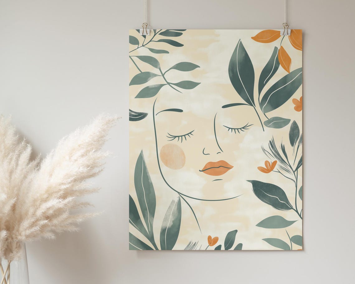 Terracotta Lips Botanical Woman Face Cream Floral Line Art Poster - Image 2