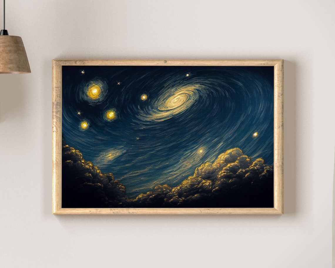Starry Night Swirling Galaxy Over Golden Clouds Celestial Poster - Image 2