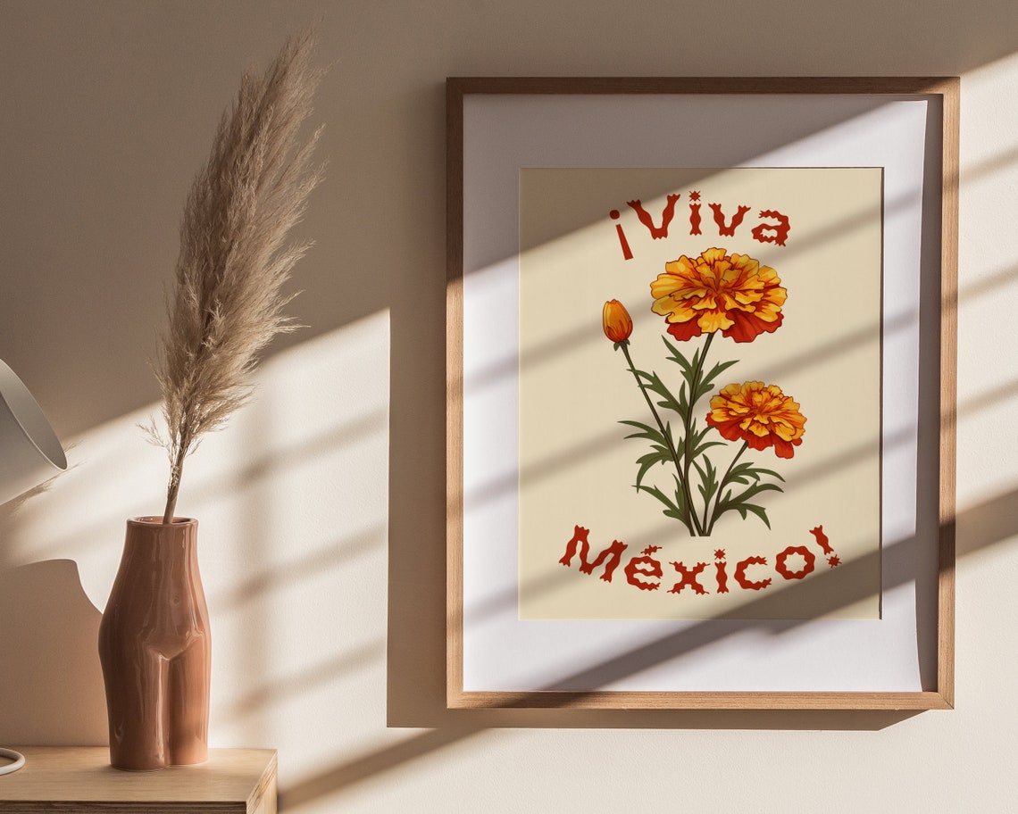 Viva Mexico Orange Marigold Floral Festive Latino Heritage Art Poster - Image 4
